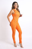 Orange Track Zipper Ruched Jumpsuit